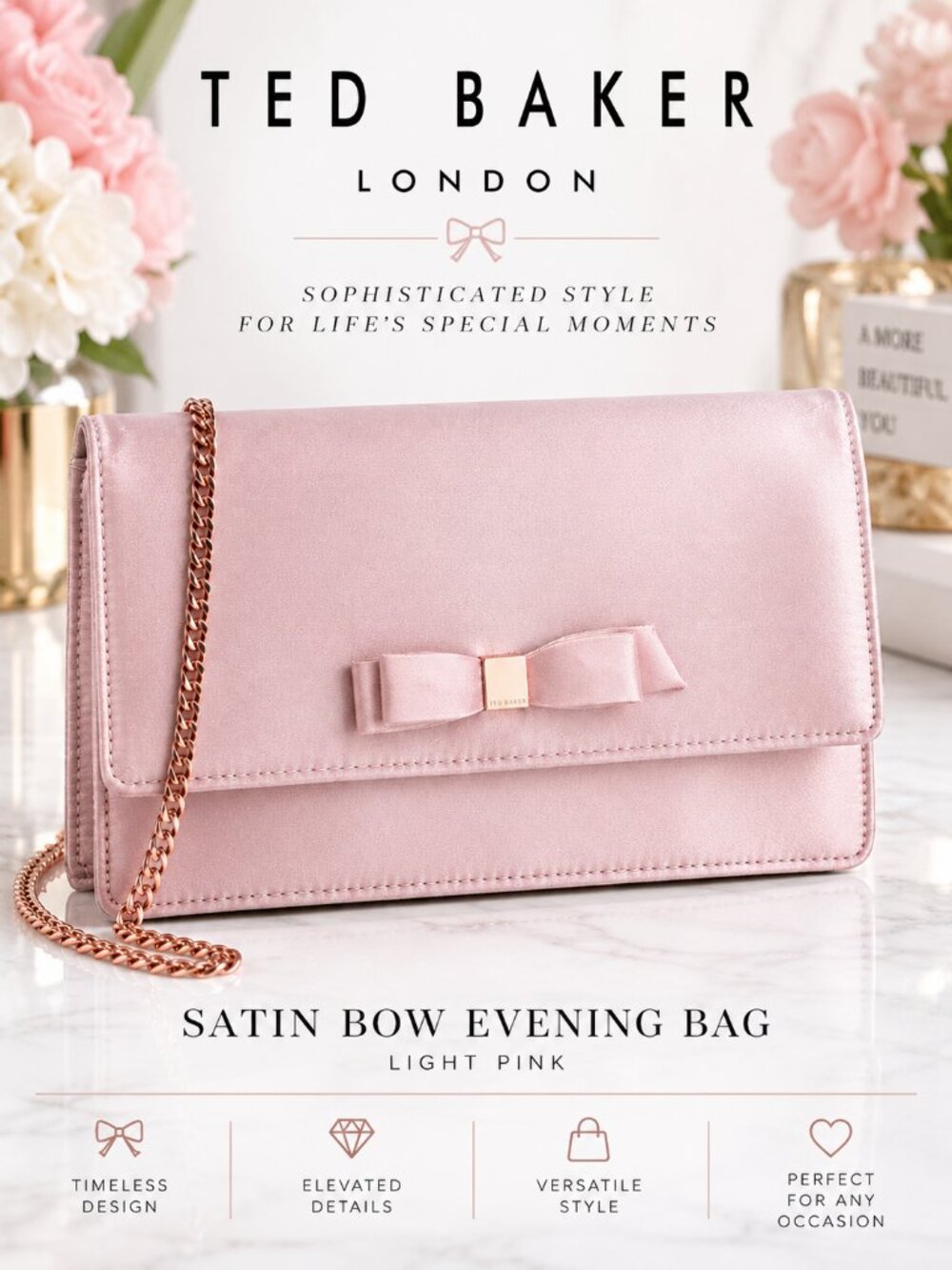Ted Baker NWT Light Pink Satin Bow Evening Bag Rose Gold Chain Clutch Crossbody